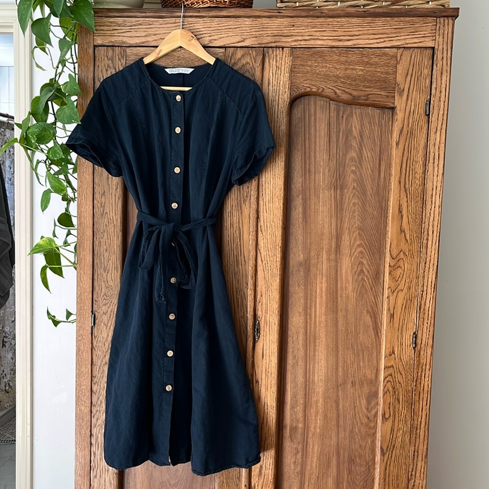 Zara navy blue  midi linen dress